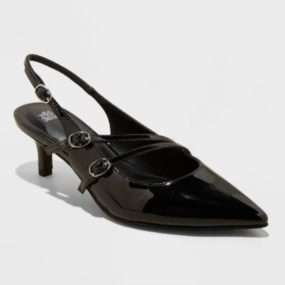 WILD FABLE Black Patent Pointed Slingback Heels